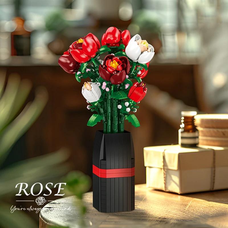 non-toxic 761PCS Flower Bouquet Building Block Red Rose White Rose Vase Bricks Toy Set Adult Home Decoration children Valentine's Day Gifts