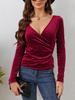 2025 European & American Solid V-Neck Ruched Slim Fit Long Sleeve Women's T-Shirt