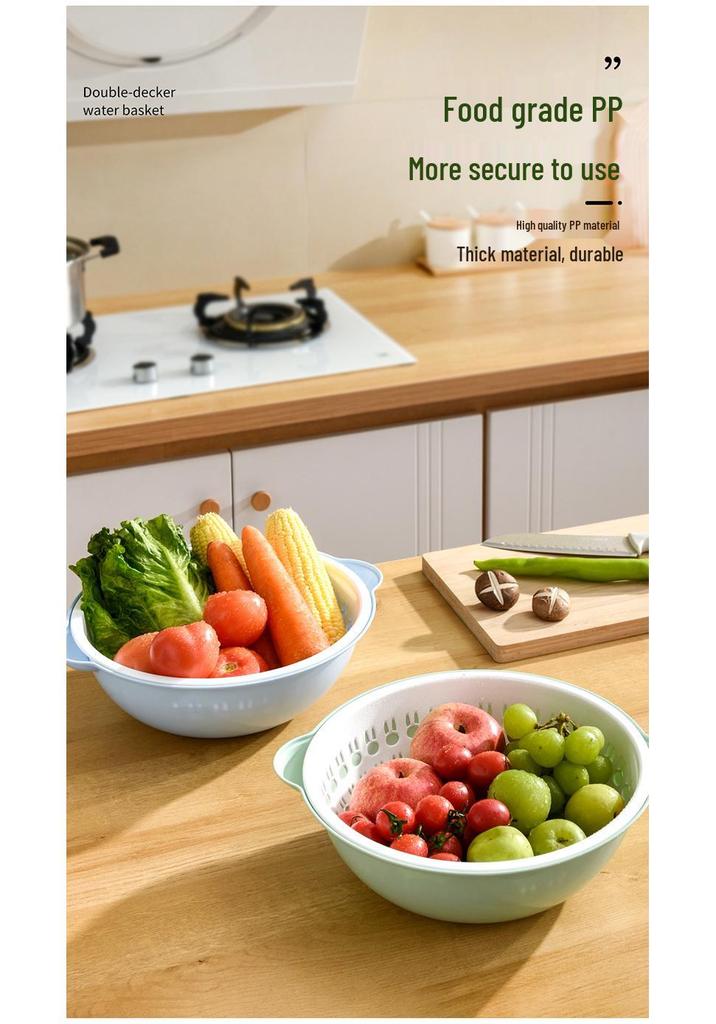 Double-Layer Round Drain Basket: Kitchen Plastic Rice & Vegetable Washing Basin