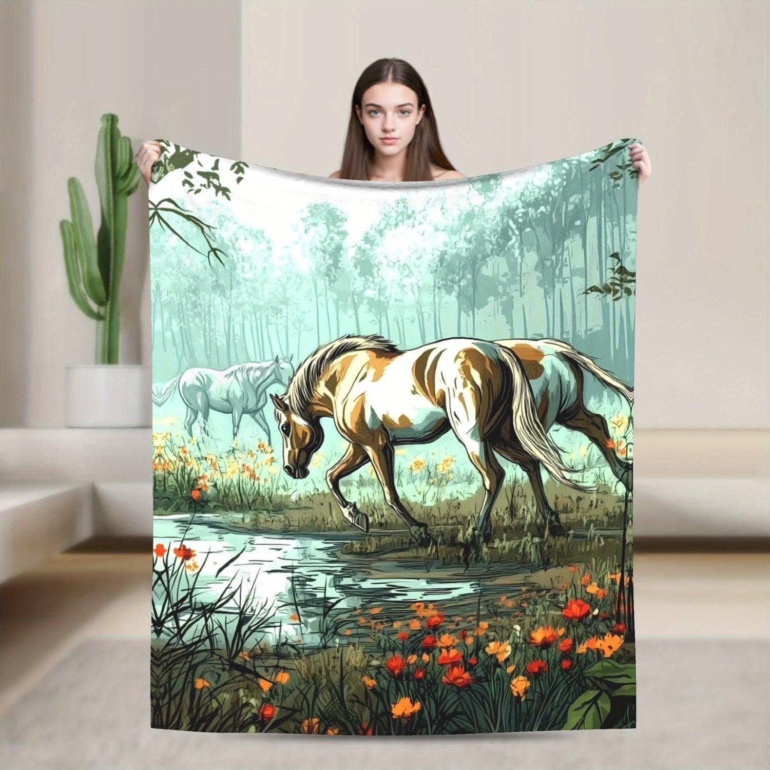

Horse & Floral Blanket - Soft Home Decor Sofa Flannel Throw 70x100cm