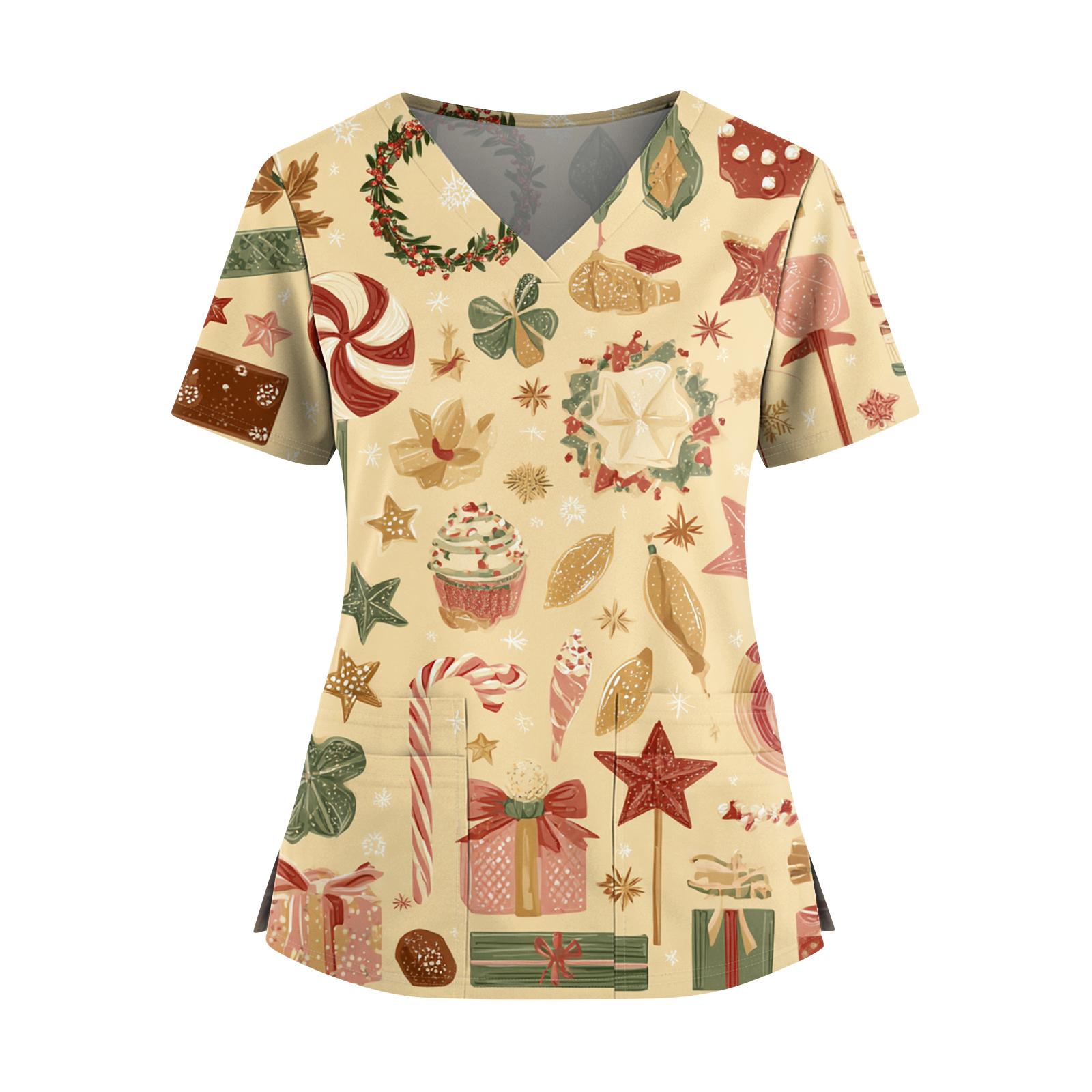 

Женский топ с рождественским принтом, V-образным вырезом, двумя карманами, короткими рукавами, разрезом по подолу, униформа и одежда для ухода XXXXXL жёлтый