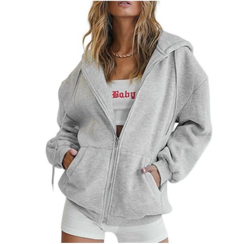 Felpa con cappuccio e zip lunga da donna, vestibilità larga, giacca casual con tasche