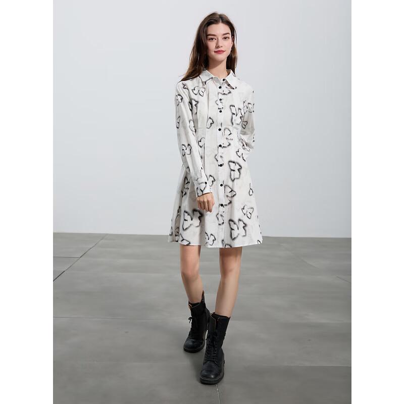 Sancai Bowknot Silhouette Print Cotton Shirt Dress S