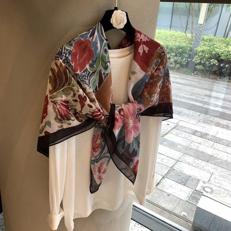 Womens Cotton Linen Scarf Square Wrap Shawl With Floral Print Lightweight Fall Winter Accessory