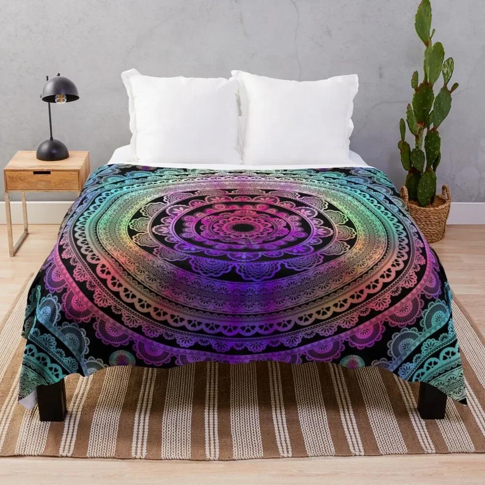 Mandala Throw Blanket Flannel Colourful Flower Pink Yellow Blue Boho Style Soft Warm Lightweight For Bed Sofa Couch King Queen