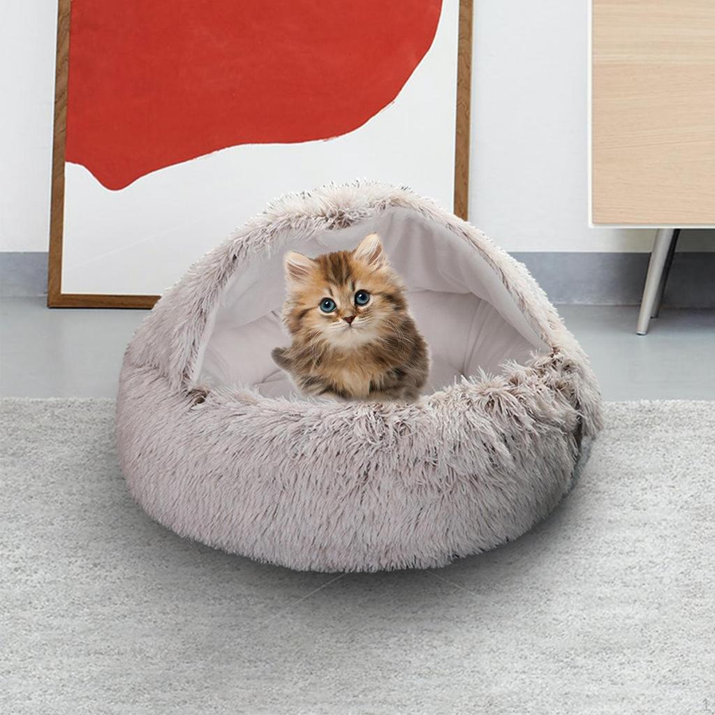 Cat Bed Plush Hooded Cave for Indoor Cats or Small Dog Beds, Doughnut Calm