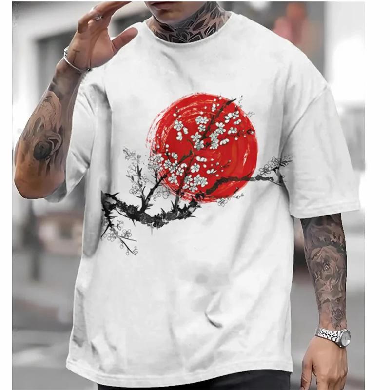 3D-gedrucktes japanisches Ukiyo-e T-Shirt für Herren, Landschafts- und Tiermuster, Sommer-Streetwear, Harajuku, O-Ausschnitt, Kurzarm-Tees
