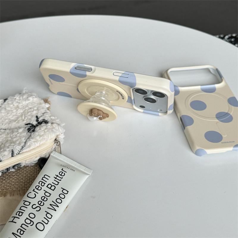 Soft Beige Gray Polka Dot For MagSafe Case With 3D Teddy Bear Pearl Pop Socket For iPhone 15 16 17 Pro Max INS Kawaii Shockproof