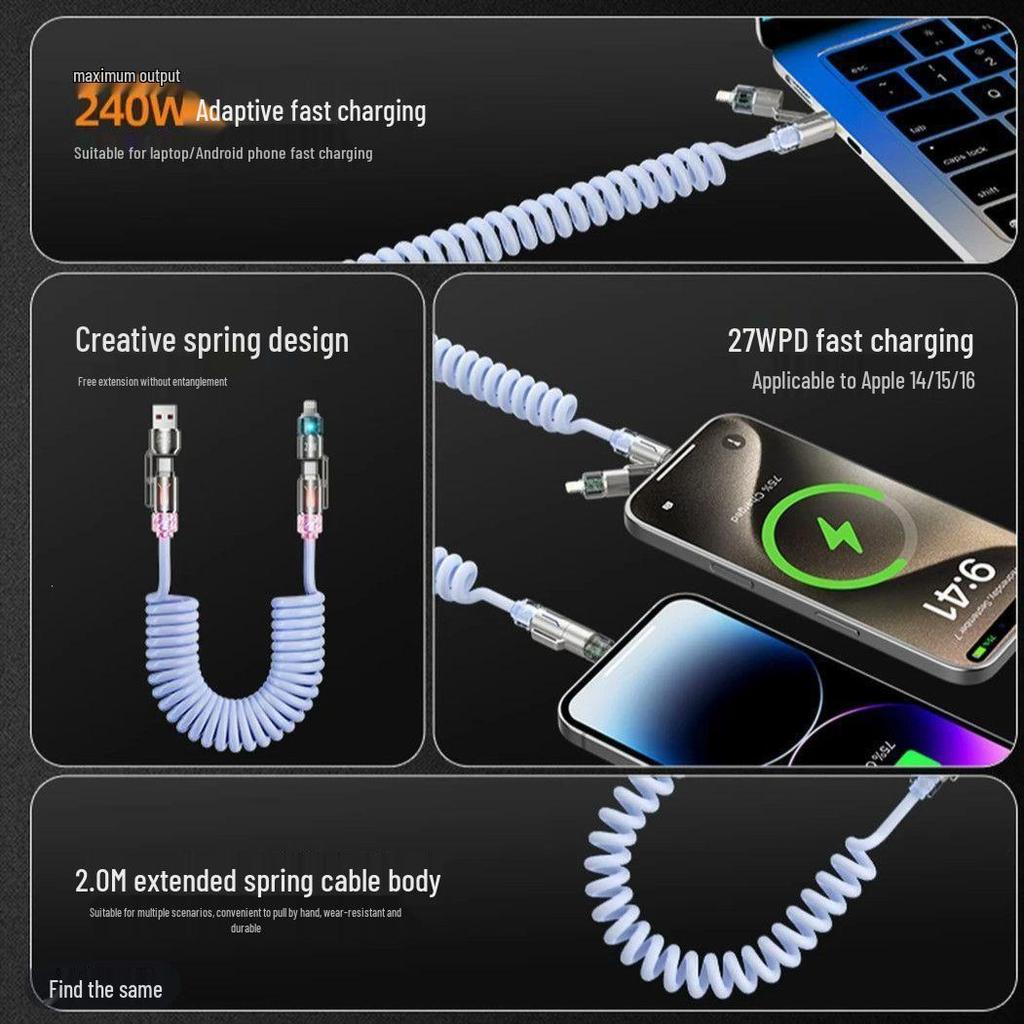 240W 4-in-1 Car Charging Cable with Aromatherapy for Huawei & Apple - Dual Fast Charging Capability