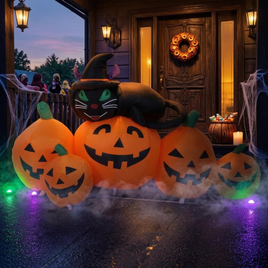 Inflatable Cat and Pumpkin Cute Bright Outdoor Halloween Decoration for Lawn