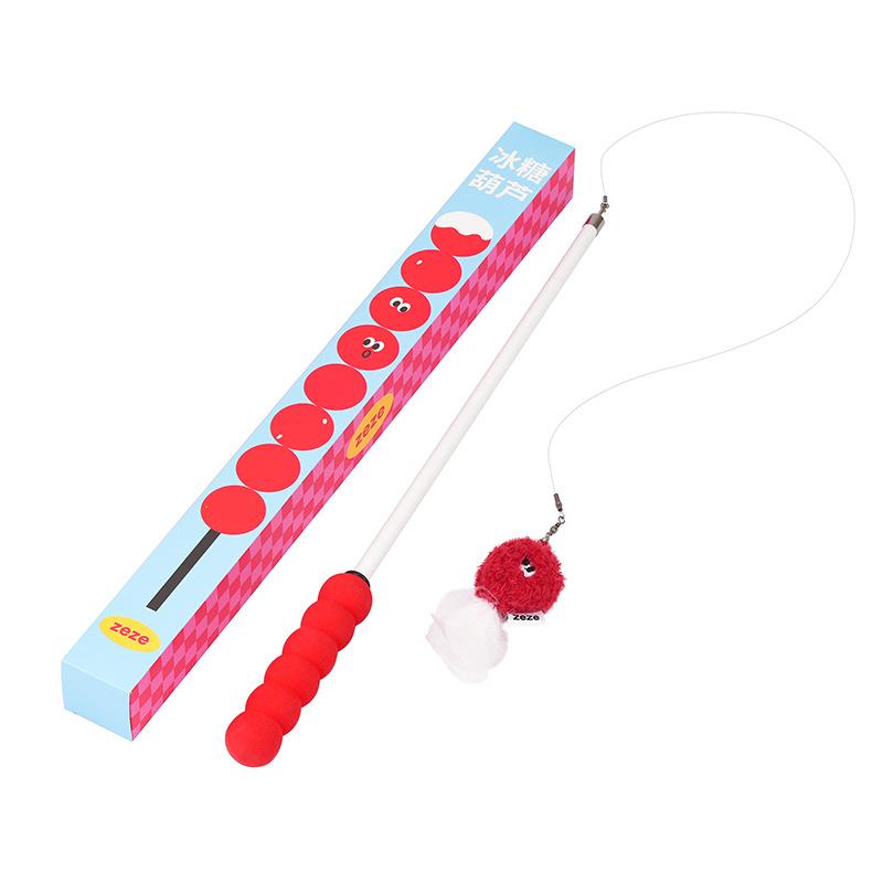 Telescopic Cat Teaser Wand Toy Feather Rod Stainless Steel Candy Shape Catnip Plush Bite Resistant Interactive Cat Toy Kitten