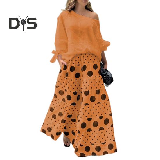 2 Pcs/Set Women T-shirt Pants Set Slant Neck One Shoulder Long Sleeve Bow Cuff Top Loose High Waist Wide Leg Printed Long Trousers Casual Dating