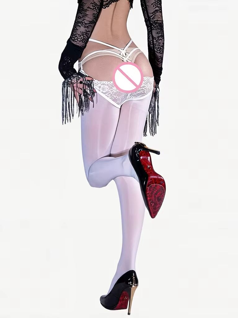 Bandage Waist Hollow Out Pantyhose Women'S Lace Cross Crotch Tights Oil Shiny Glossy Sheer Woman Stocking Lingerie