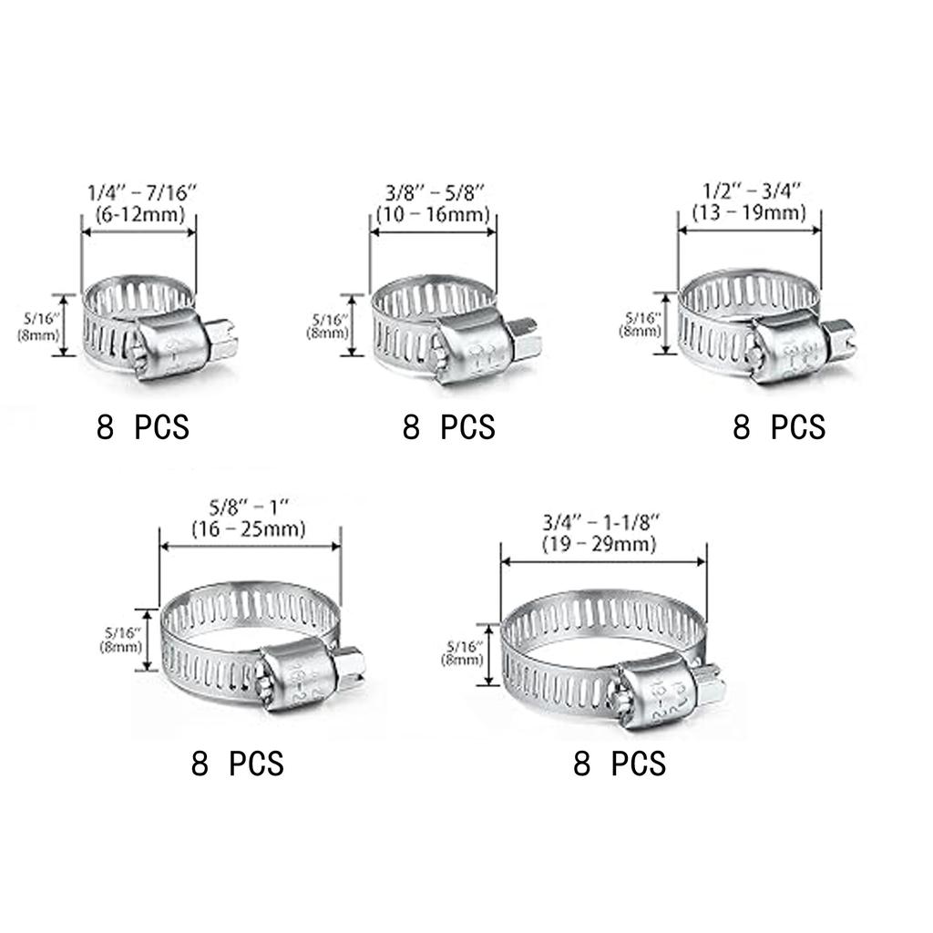 40-Piece Stainless Steel 1/4'' - 1-1/8'' Hose Clamp Set for Pipes, Intercoolers, Plumbing, Tubes & Fuel Lines