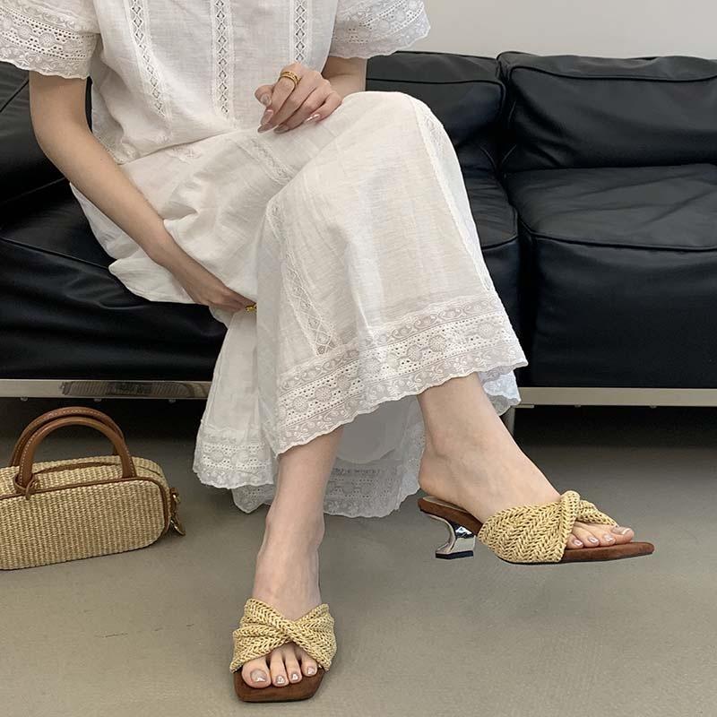 Sheepskin Version Woven Slope Heel Roman Sandals Women'S Design Sense Holiday Style Beach Thick Bottom Cool Slippers Women'S Summer Wear