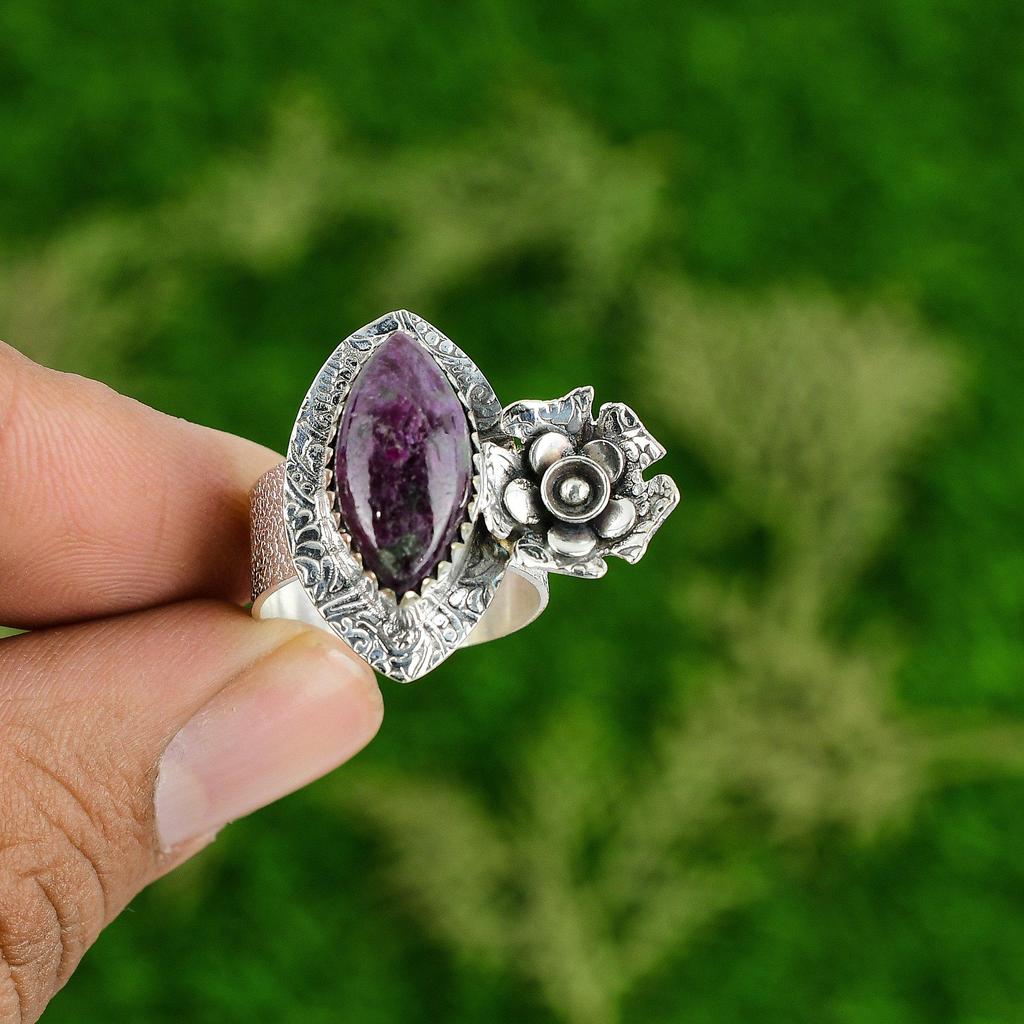 Natural Ruby Zoisite Gemstone 925 Silver Stackable Flower Ring Size 8 For Girls