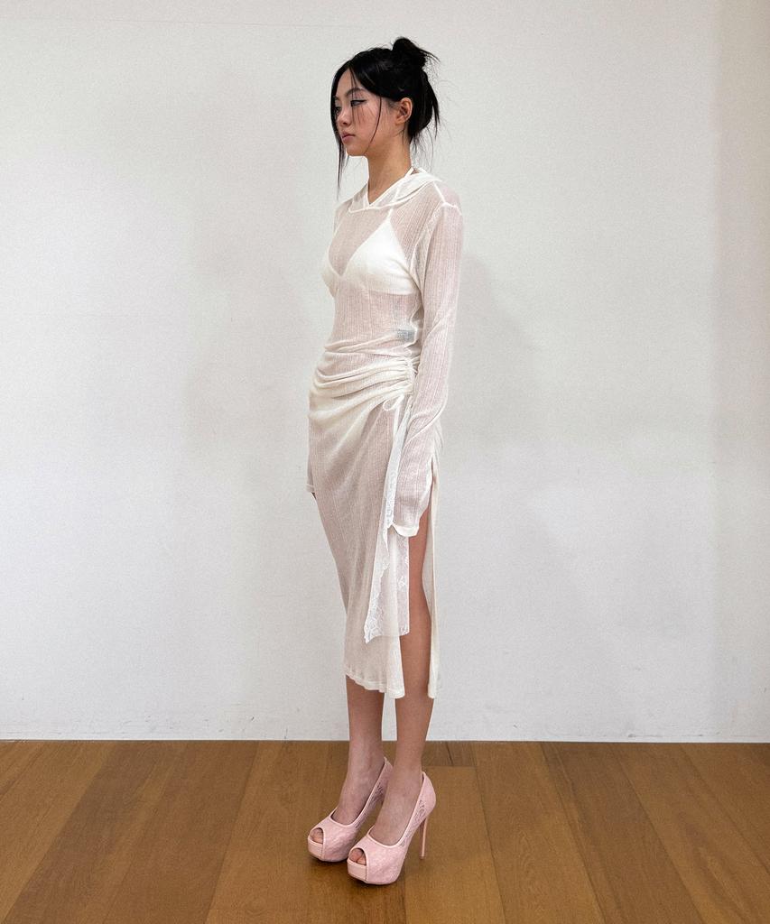 VINAJ Lace Shirring Mix Hooded See-Through Dress (White)
