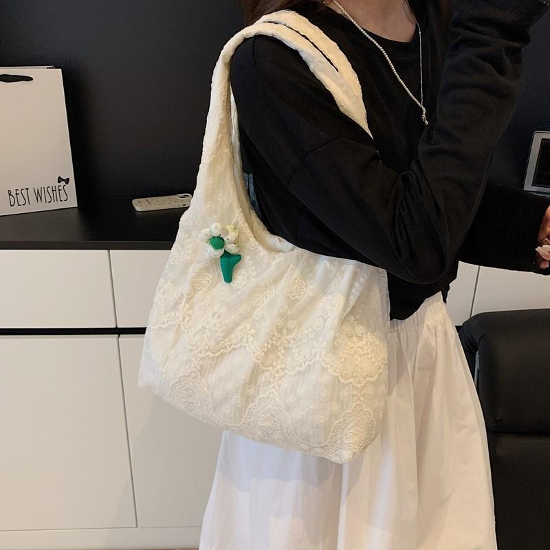 Tote Bag Lace Flower Embroidery Canvas Bag Versatile Travel Shoulder Bag Women