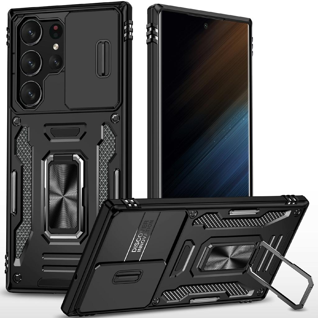 For Samsung Galaxy S25 Ultra Case Kickstand Slide Lens Lid PC+TPU Drop-Proof Phone Cover