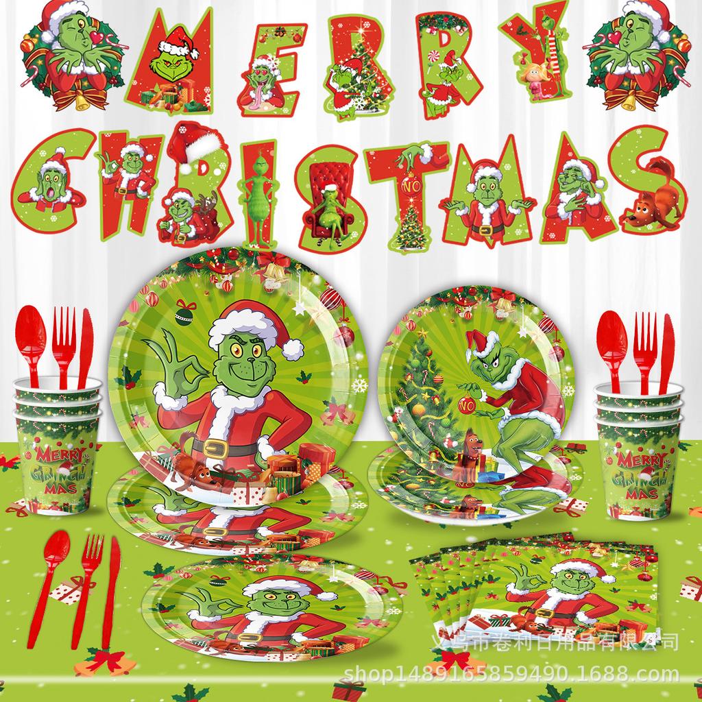 Christmas Grinch Party Decorative Tableware Flag Tablecloth Set Supplies Arrangement Paper Plate Tableware Disposable