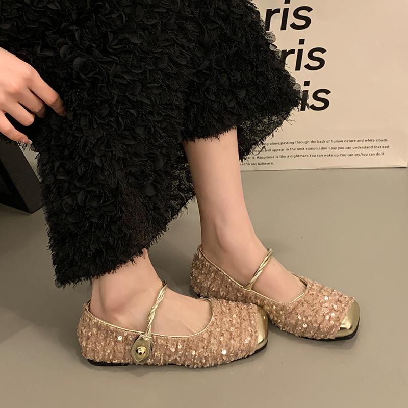Moda 2024Bling Baleriny Damskie Kostiumowe Tweedowe Mary Jane Buty Baleriny z cekinami na wierzchu Damskie Buty