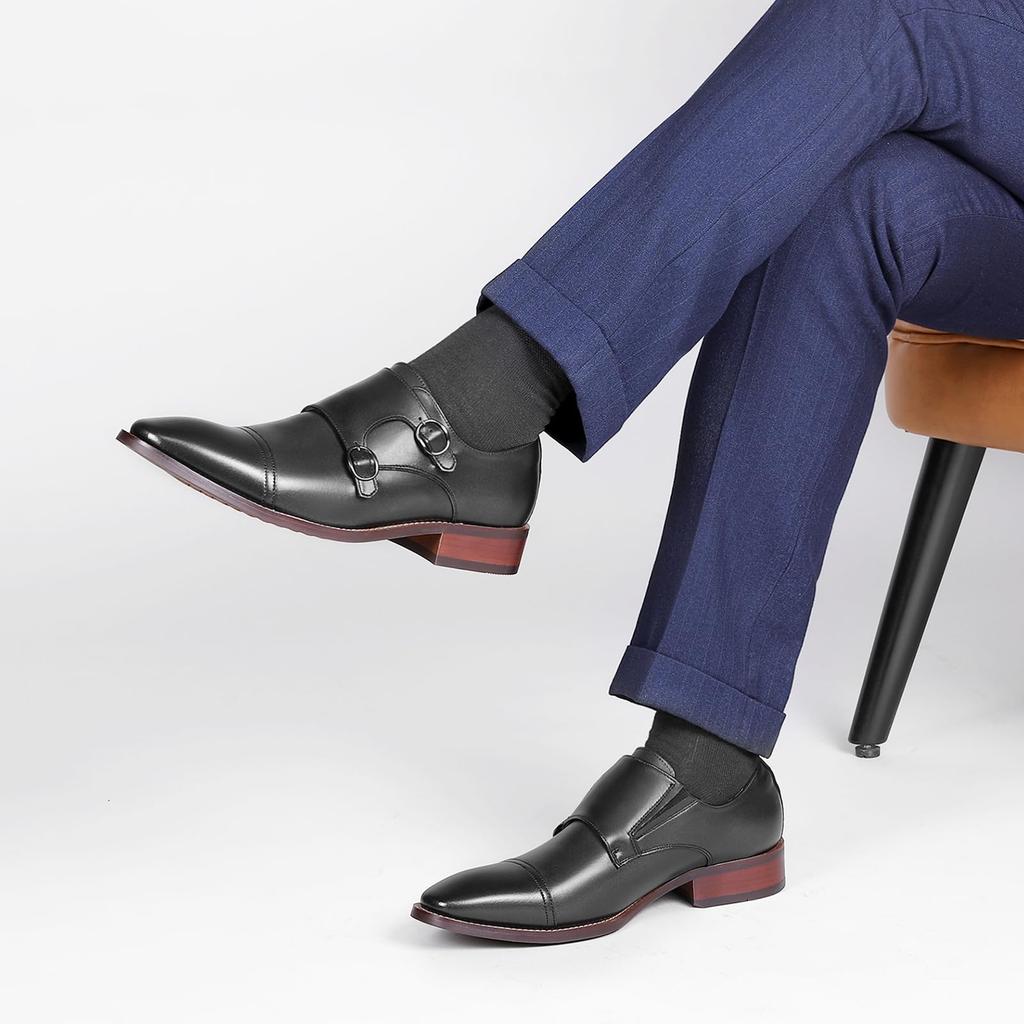 Foxsense Leather Dress Genuine Monk Straight Size Men's Shoes, Leather, Strap, Tip, Luxury, Lightweight, Waterproof, Formal, Black, 24.5cm, C118-01