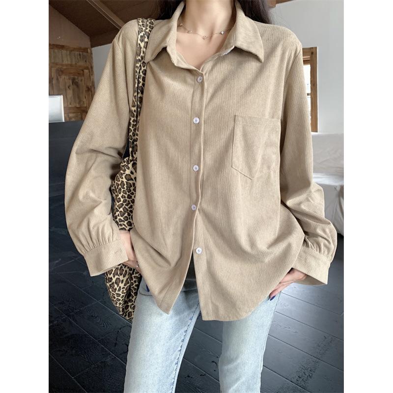 Plus Size Women's Retro Corduroy Shirt - Casual Long Sleeve BF Style for Spring & Autumn