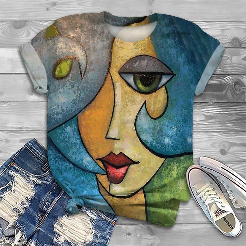 Camiseta Estampada 3D Cara Abstracta de Verano para Mujer Camisetas de Manga Corta Ropa de Calle Harajuku Camisetas Largas Y2k Ropa para Mujer