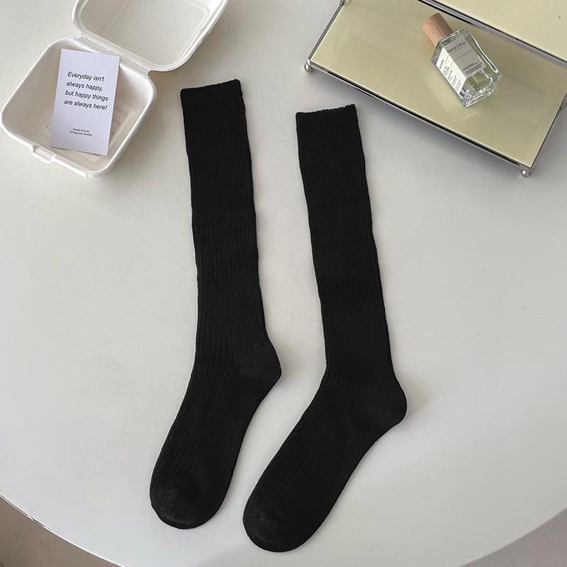 Autumn And Winter Women's Knitted Socks Solid Color Vertical Bar Warm Knee Length Socks Harajuku Fashion Lolita Socks