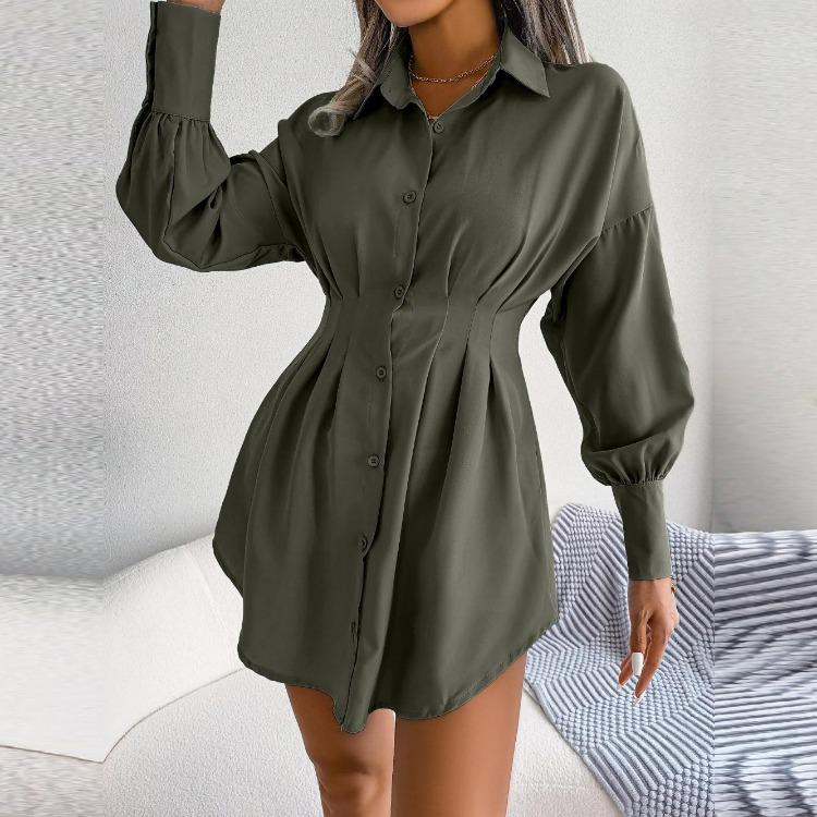 Women Autumn Winter High Waist Asymmetric Dress Shirt Solid Color Lantern Sleeve Lapel Neck Dress