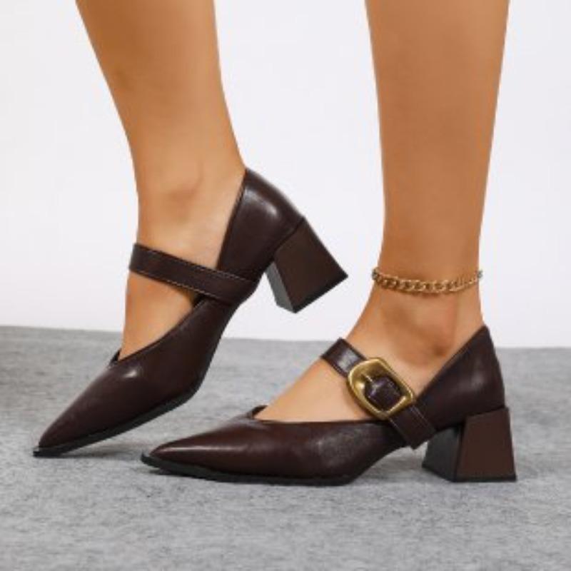 New Chunky Heel One-shoulder Buckle Leather Shoes for Women's Mid-heel Single Shoes