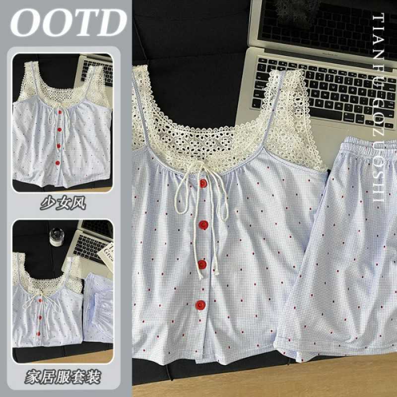 

[High-quality imitation cotton] Spring sweet lace polka dot plaid suspender pajamas shorts loungewear set XXL