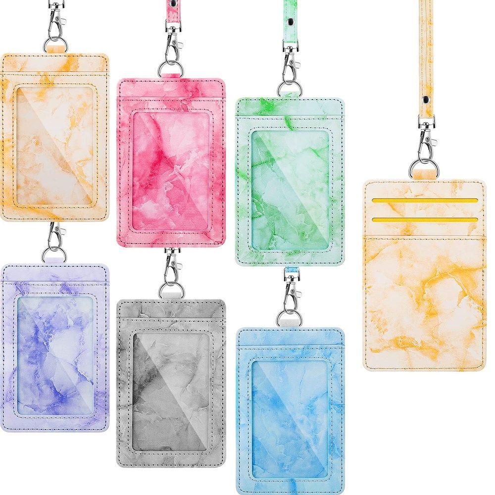 Lanyard Strap Marble Pattern PU Leather ID Cards Wallet Case Neck Lanyard Badge Holder Card Holder