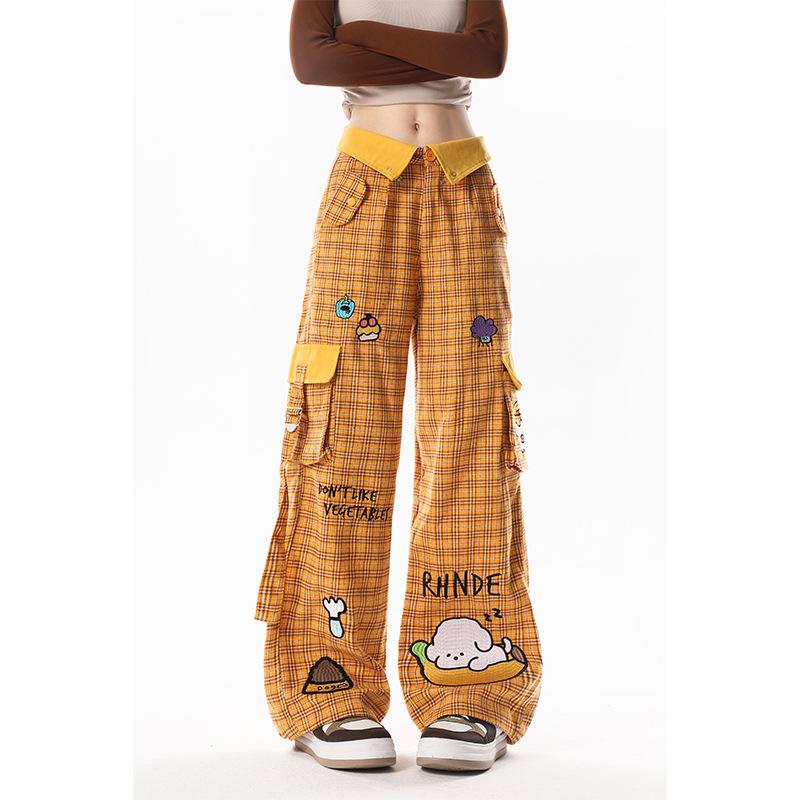 

Робочі штани в американському стилі з мультфільмом із вишивкою Sweet Cool у нових повсякденних і універсальних вільних прямих широких штанах для жінок XL жовтий