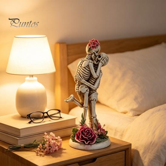Halloween Table Ornaments Resin Hugging Skeleton Couple Figurine with Roses, Gothic Eternal Love Skull Art Sculpture Statue, Day of The Dead Romantic