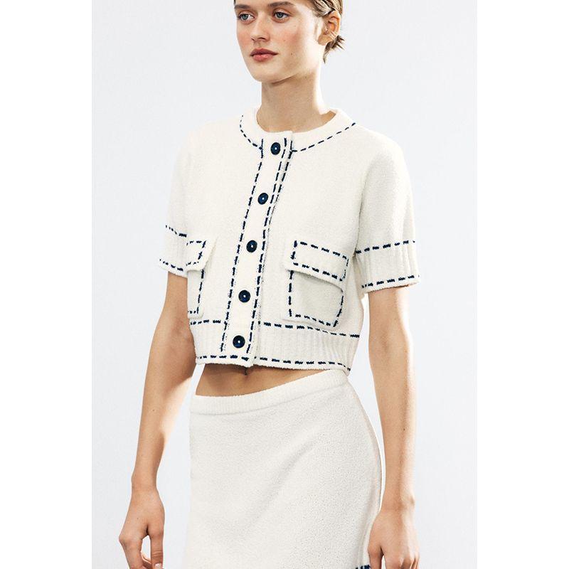 Summer New Product Women's Clothes Contrast Color Seized String Decoration Creative Fashion round Neck Short Sleeves Knitting Outwear 3920148