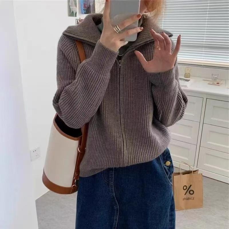 WTEMPO Women's Knit Zip Up Jacket Fall Winter High Collar Full Zip Sweater Cardigan, Long Sleeve Relaxed Fit Thick Knit Coat