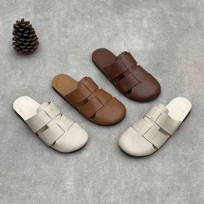 Retro Genuine Leather Flat Slippers Leisure Versatile Round Toe Soft Sole Women Outdoor Slides
