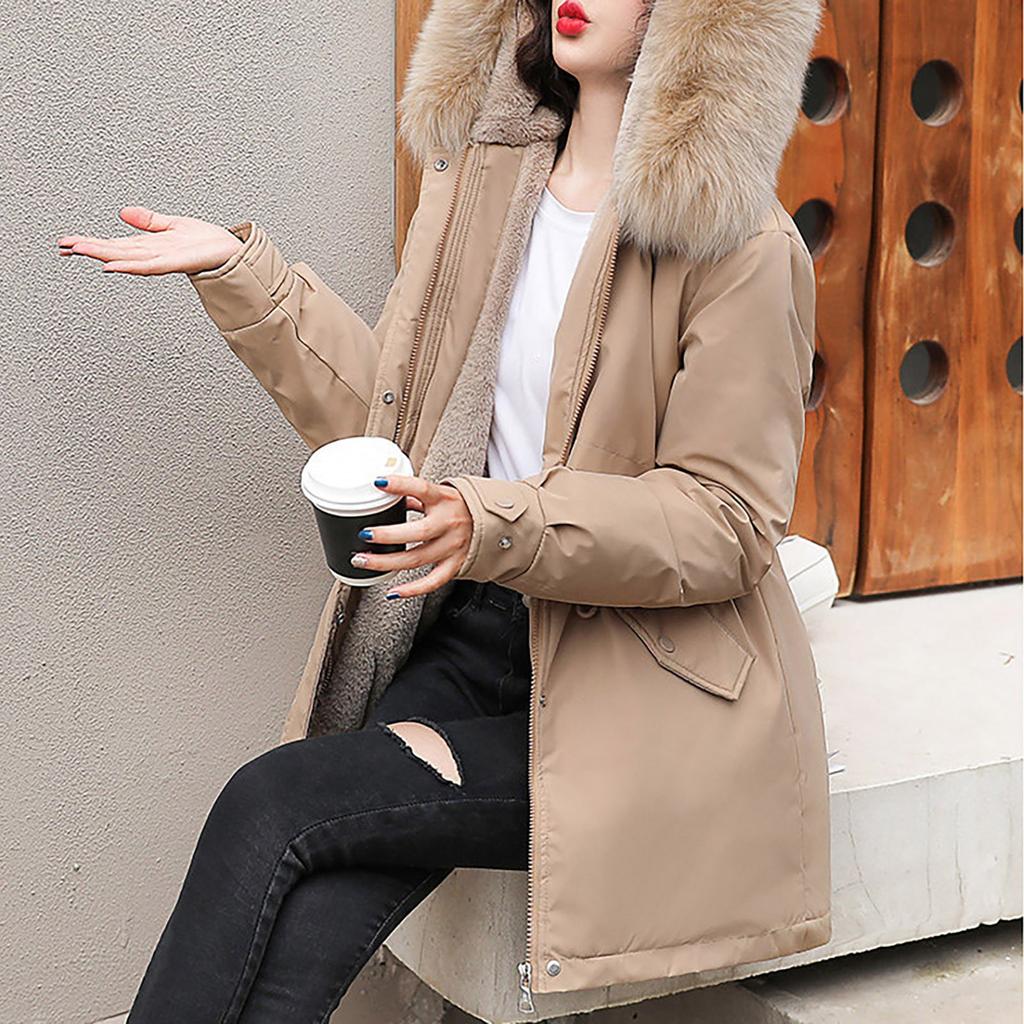 Dámská módní ležérní jednobarevná mikina s kapucí s plyšem střední délky s dlouhým rukávem bavlněná bunda