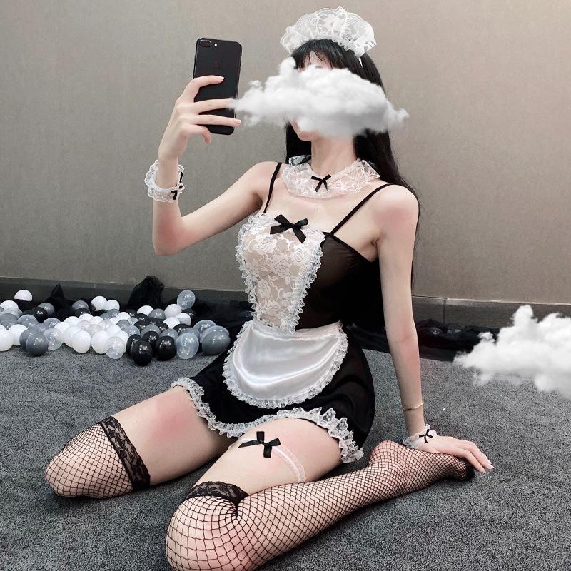 Sexy Lace Suit Hollow Night Fun Lingerie Maid Cosplay Deep V Uniform Sexy Maid Outfit