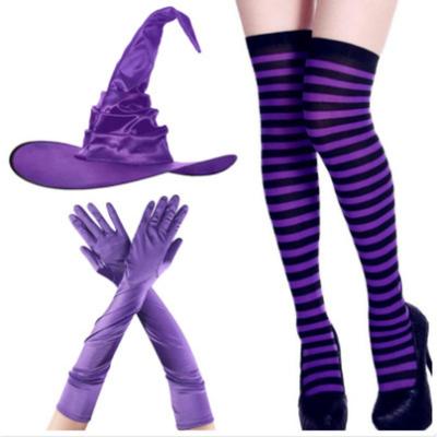 Halloween Hexenhut Cosplay Kostüm Schwarz Falten Zauberhut Gestreifte Socken Lange Handschuhe Set Kopfbedeckung Deko Requisiten Für Erwachsene Neu