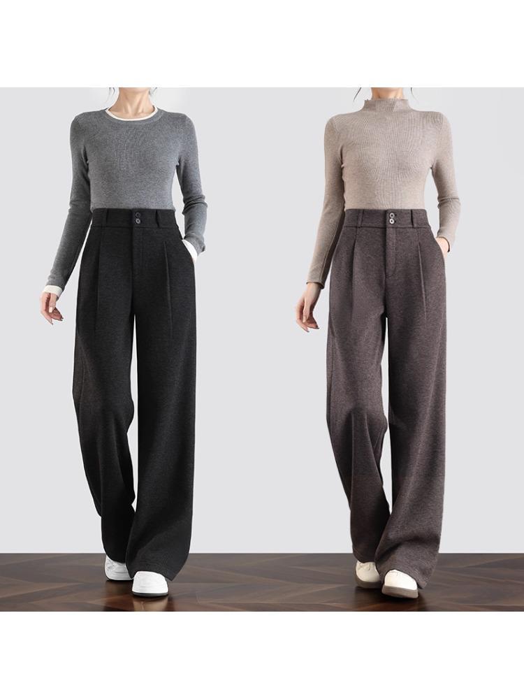 Women's Spring Style High-Waisted Oatmeal Wool Wide-Leg Fleece-Lined Pants