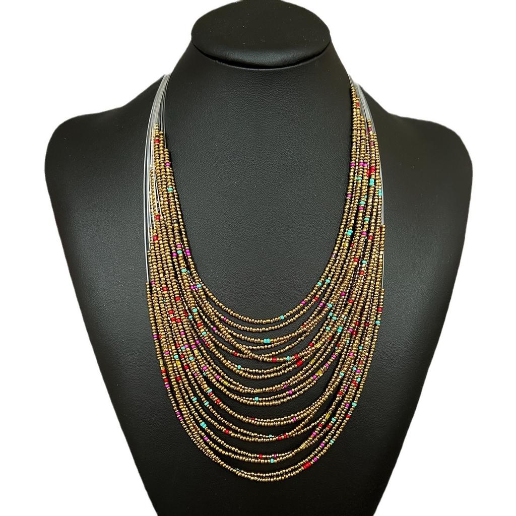 Retro Ethnic Style Rice Bead Necklace Bohemian Multi-layer Beaded Sweater Chain