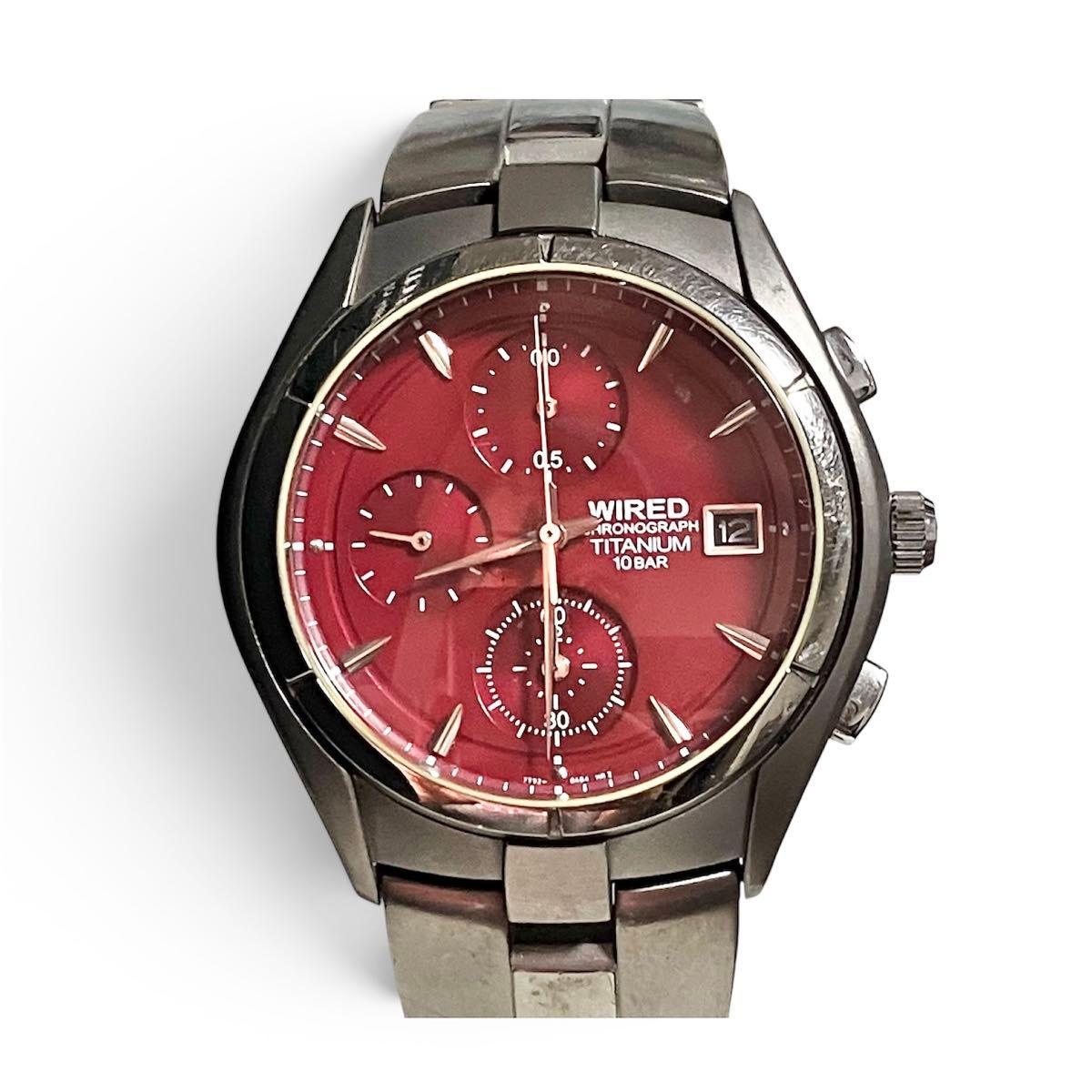Used Working item Seiko Wired Chronograph Men s Watch Titanium Red Dial SEIKO Date Quartz Silver New Battery