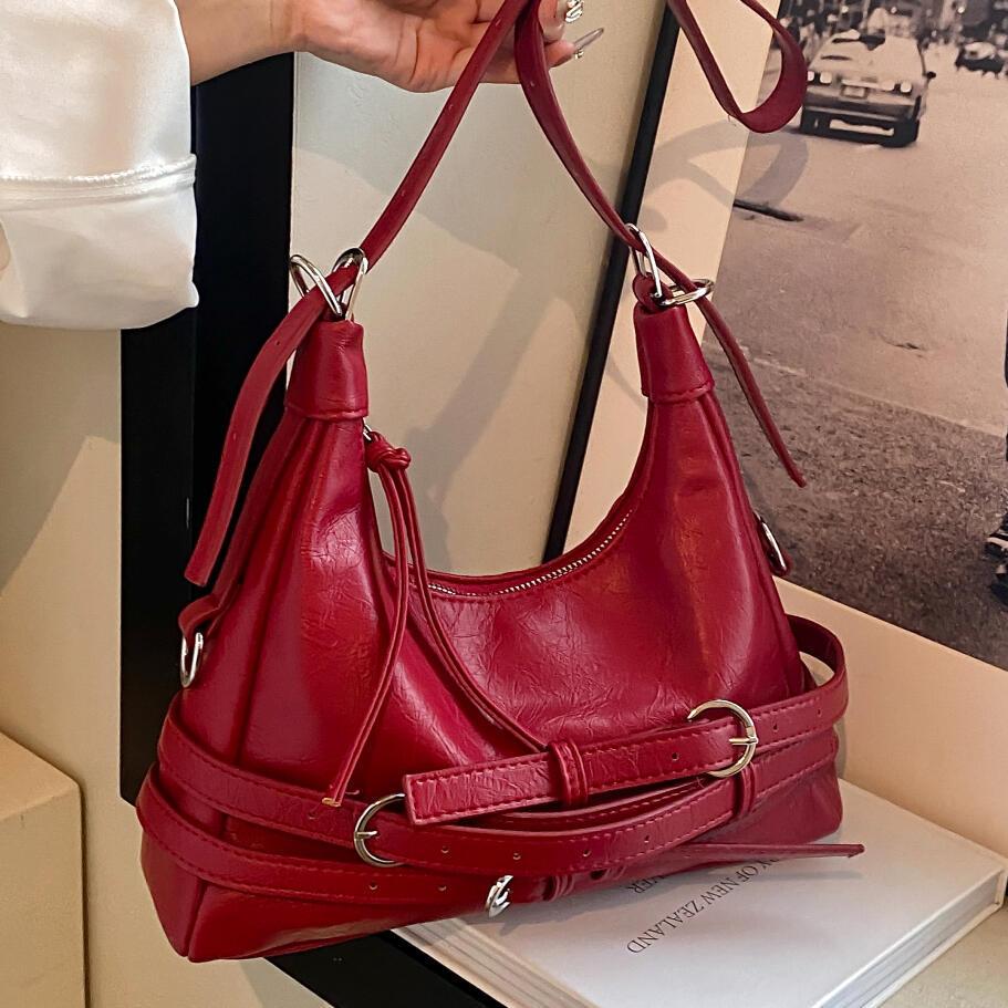 

JIAERDI Hot Girl Retro Red Underarm Biker Bag Women PU Leather Large Capacity Belt Handbag Fashion Trend Versatile Shoulder Bags 23x12x5cm красный