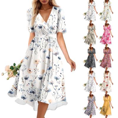 Women's Summer Loose V Neck Short Sleeve Dress, Elegant Dress