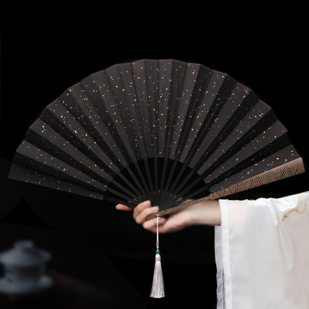 With Tassel Antique-style Folding Fan Sprinkled Gold Men Hand Fan Portable Decorative Fan  Crafts