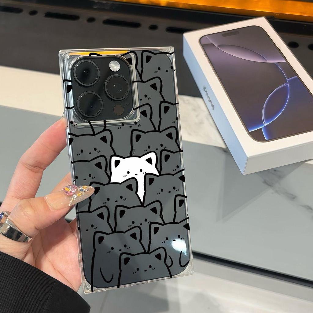 Square Back Tube Protection Clear Case For iPhone 12 13 15 Plus 16 ProMax 11 14 Pro Max Anti-Oxygen,White Cat Pattern Casing