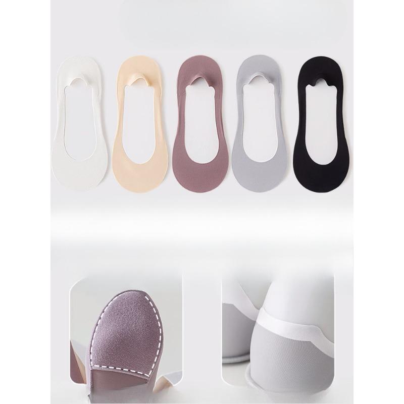 5 Pairs of Female Summer Thin Foot Protector Cotton Pad Non Slip with Ice Silk Shallow Mouth Invisible Socks