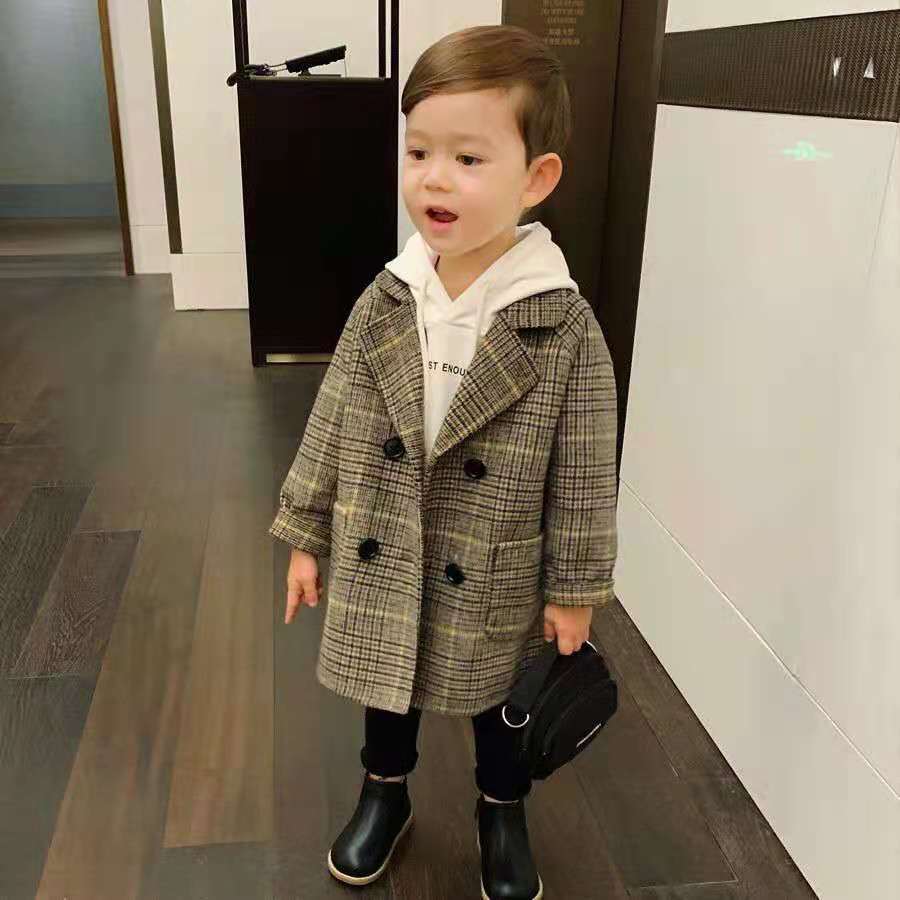 Baby Boy Girls Woolen Jacket Long Double Breasted Warm Infant Toddle Lapel Tweed Coat Spring Autumn Winter Baby Outwear Clothes